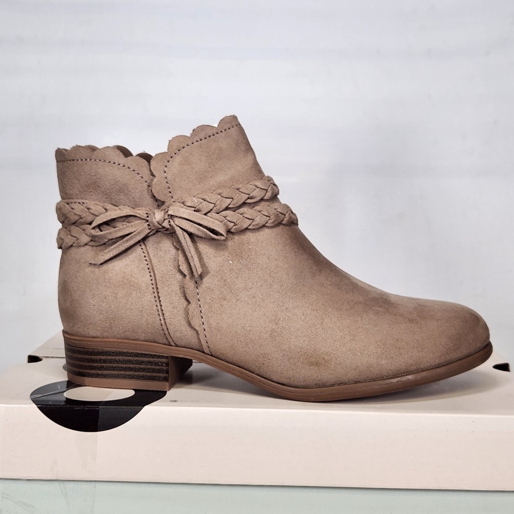 SO Jada Ankle Boots Women Size 4 Taupe Braided Scalloped Faux Suede Booties